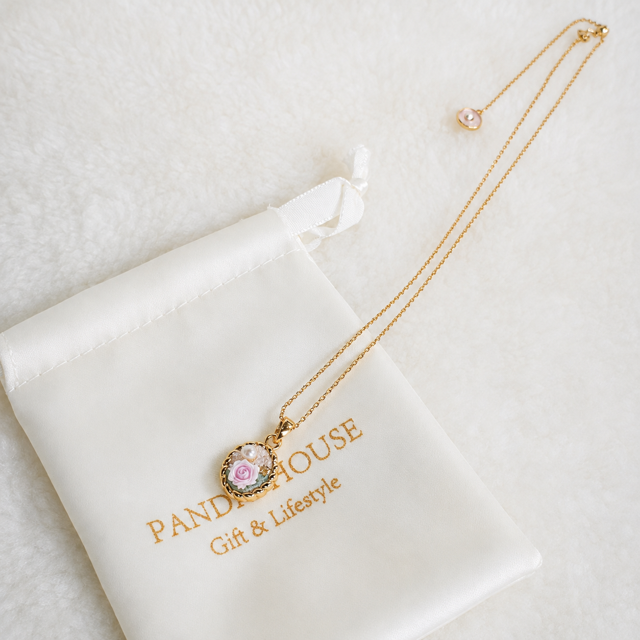 24K Gold Plated Rose Cameo Pearl Necklace
