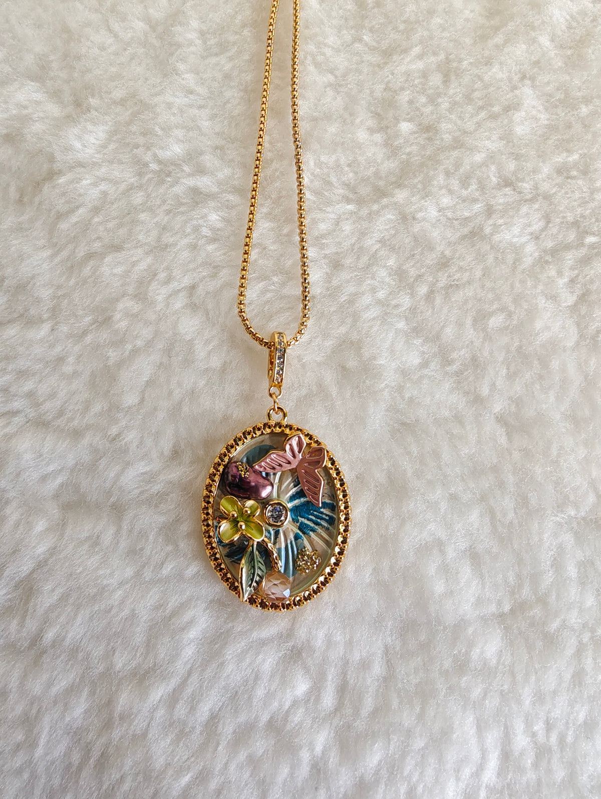 24K Gold Plated Butterfly Floral Pave Crystal Oval Medallion Adjustable Necklace