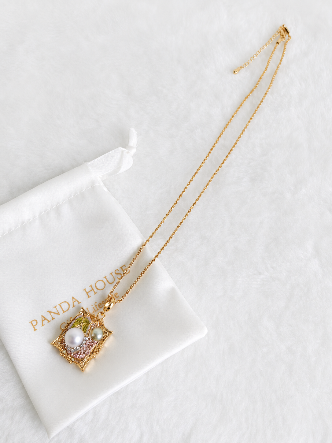 24K Gold Plated Pearl Blush Crystal Square Lattice Pendant Adjustable Necklace