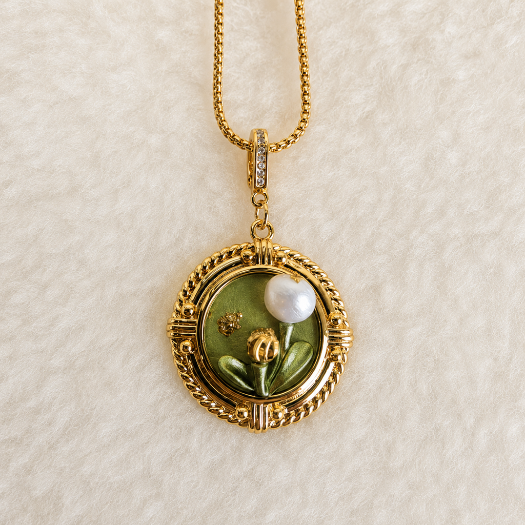 24K Gold Plated Lily of the Valley Pearl Medallion Adjustable Necklace