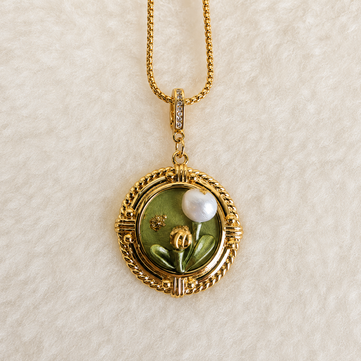 24K Gold Plated Lily of the Valley Pearl Medallion Adjustable Necklace