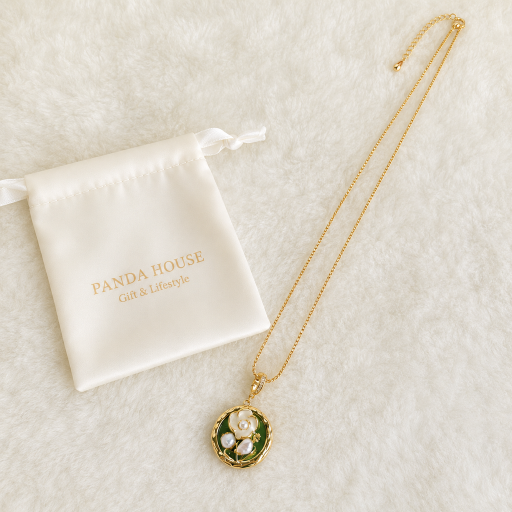 24K Gold Plated White Blossom Forest Green Medallion Adjustable Necklace