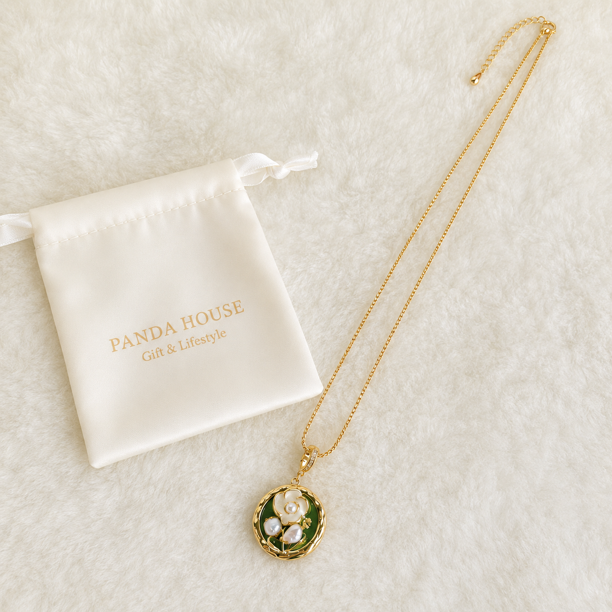 24K Gold Plated White Blossom Forest Green Medallion Adjustable Necklace