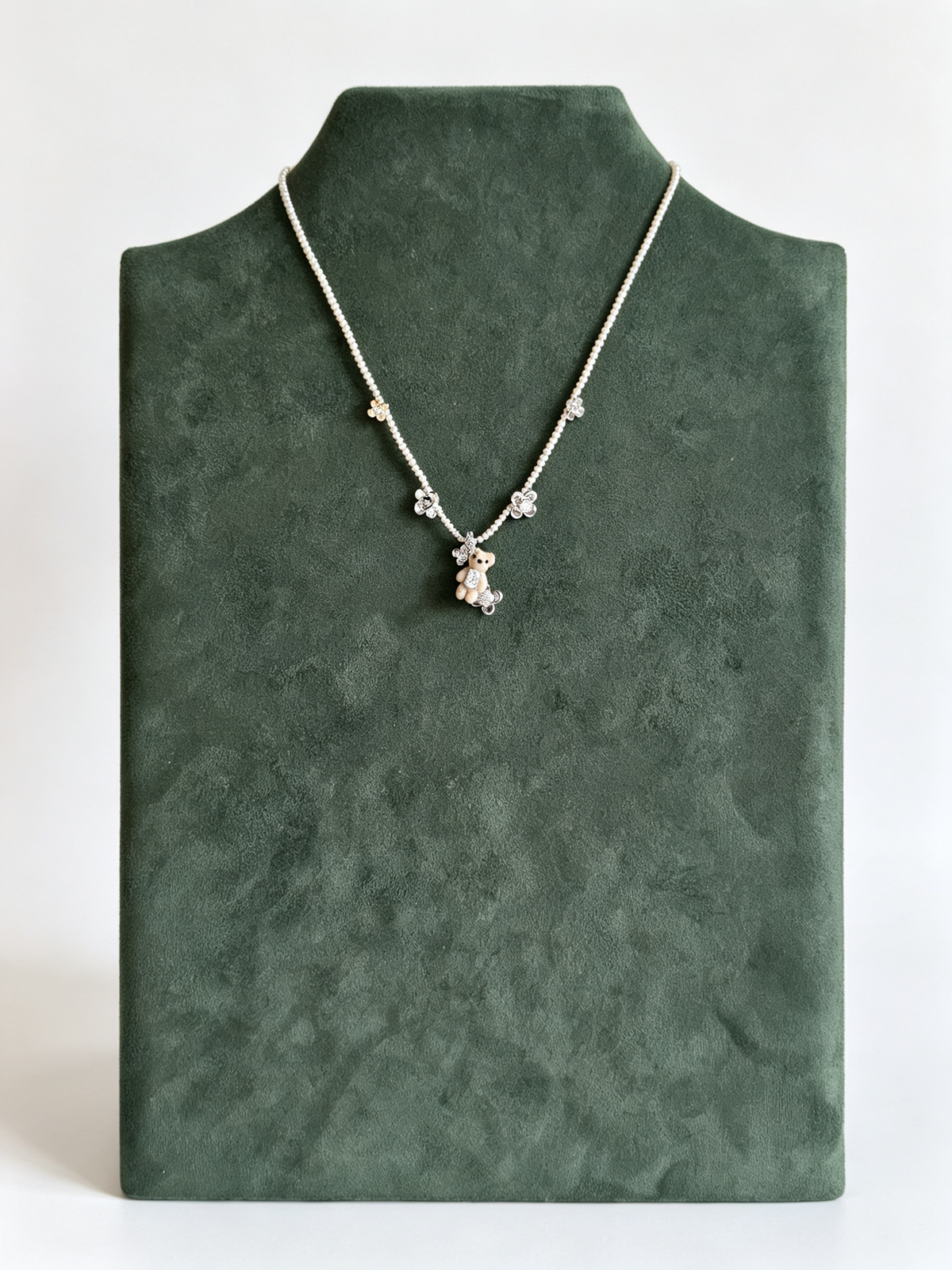 S925 Sterling Silver Pearl & Teddy Bear Charm Necklace