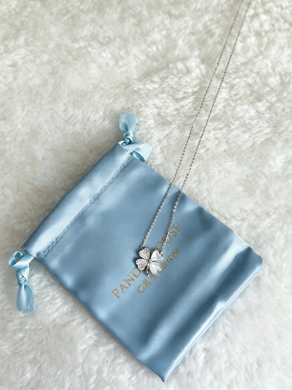Moissanite & Mother-of-Pearl Four-Leaf Clover Necklace in S925 Sterling Silver