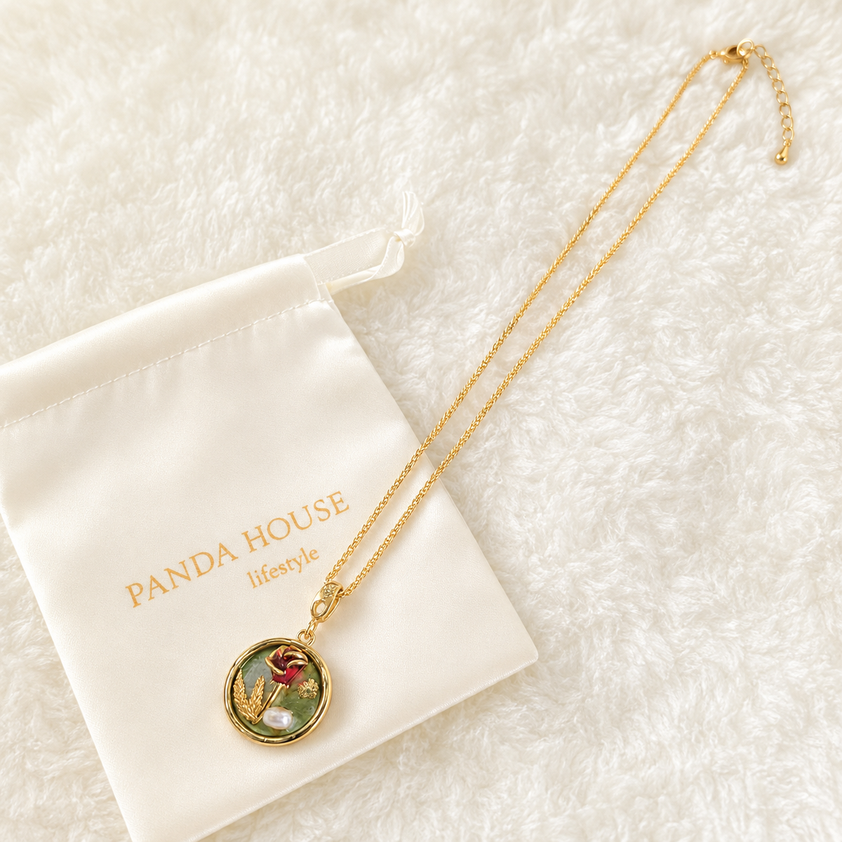 24K Gold Plated Crimson Rose Wheat Sage Green Medallion Adjustable Necklace