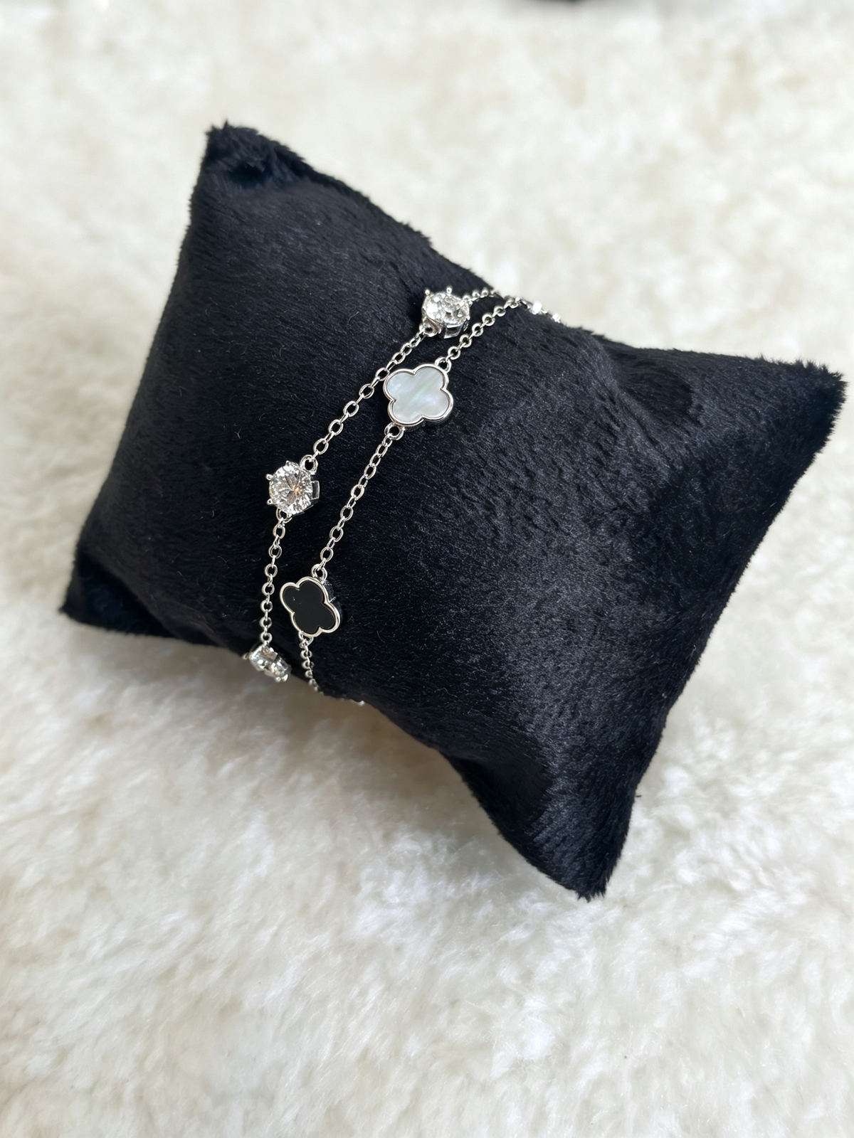 Moissanite & Mother-of-Pearl Clover Double-Layer Bracelet