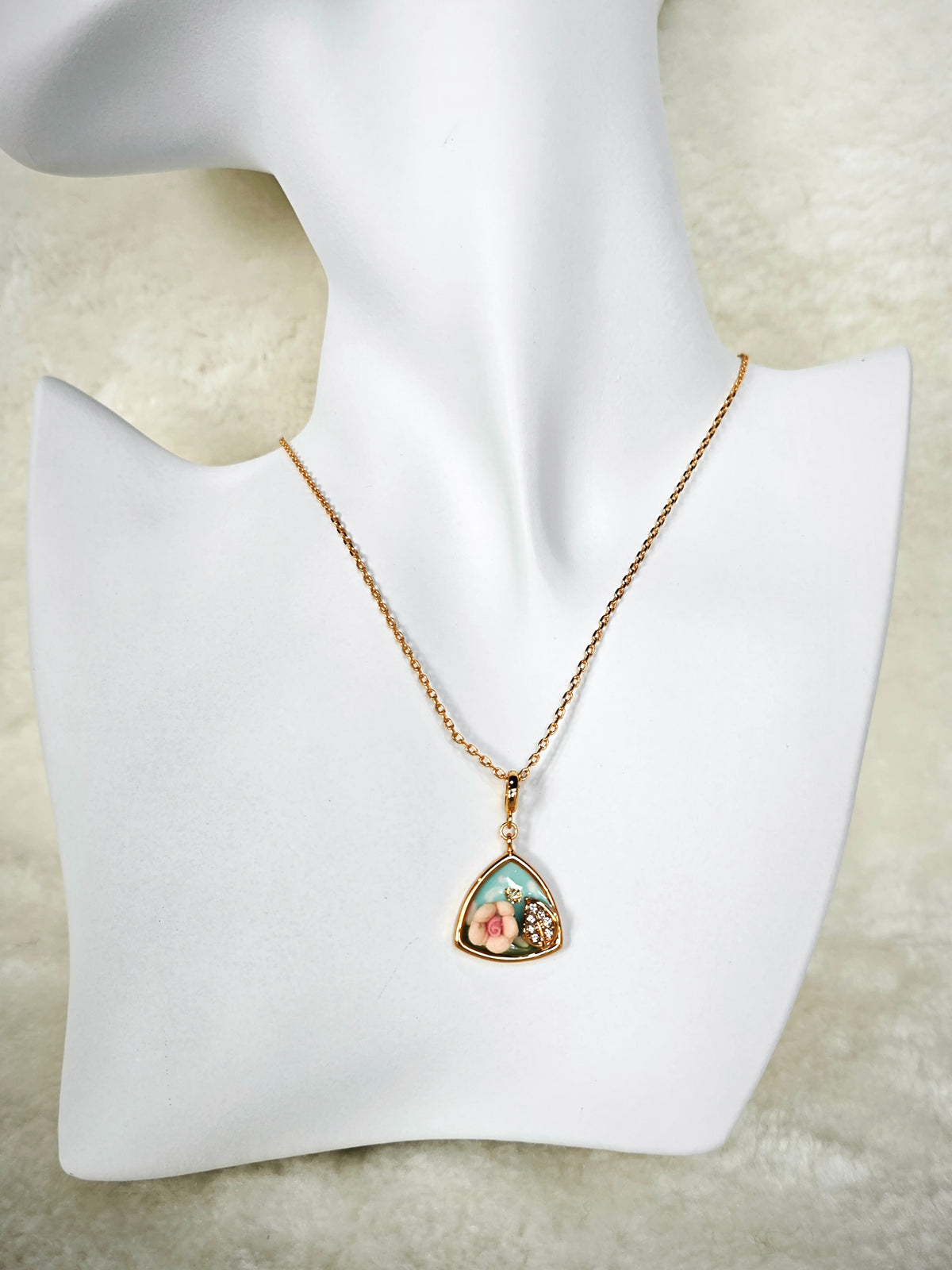 24K Gold Plated Pink Rose Blue Triangle Pendant Adjustable Necklace