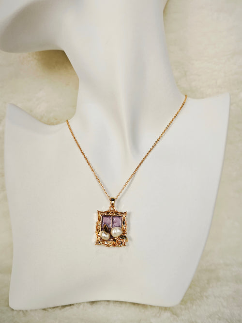 24K Gold Plated Amethyst Pearl Square Pendant Adjustable Necklace