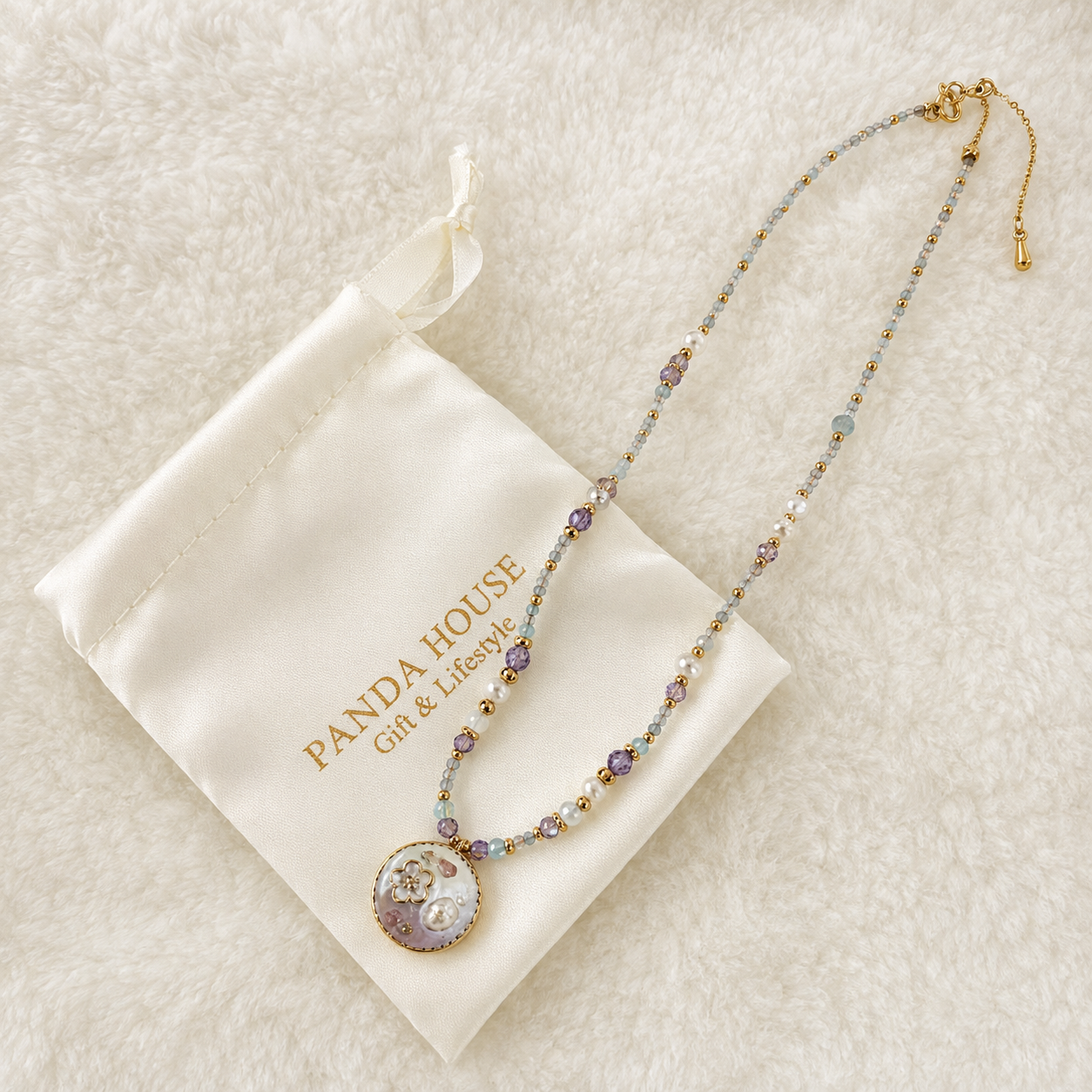 24K Gold Plated Aquamarine Amethyst Pearl Beaded Necklace with Mother of Pearl Floral Pendant