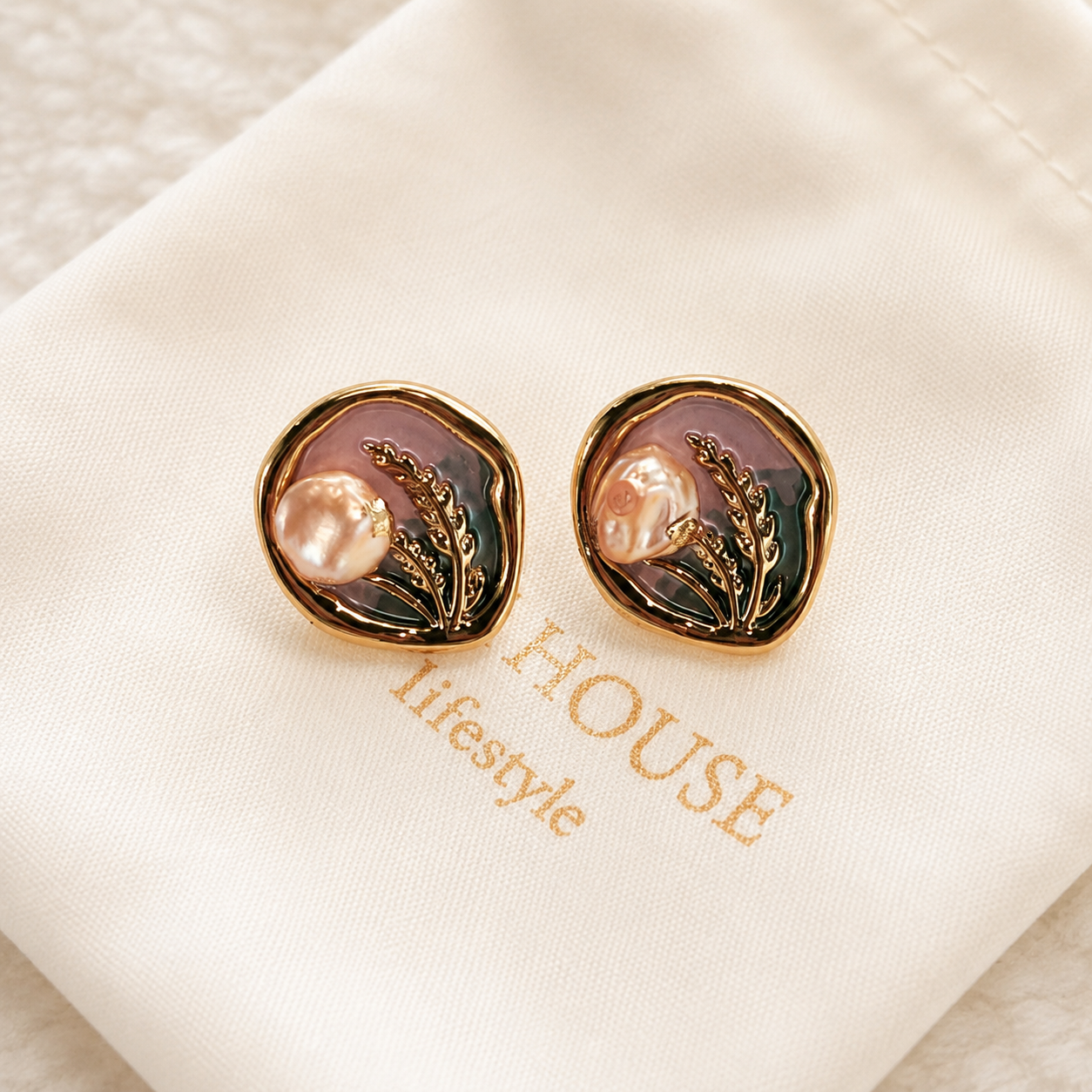 24K Gold Plated Oil Painting Gradient Enamel Lavender Pearl Stud Earrings