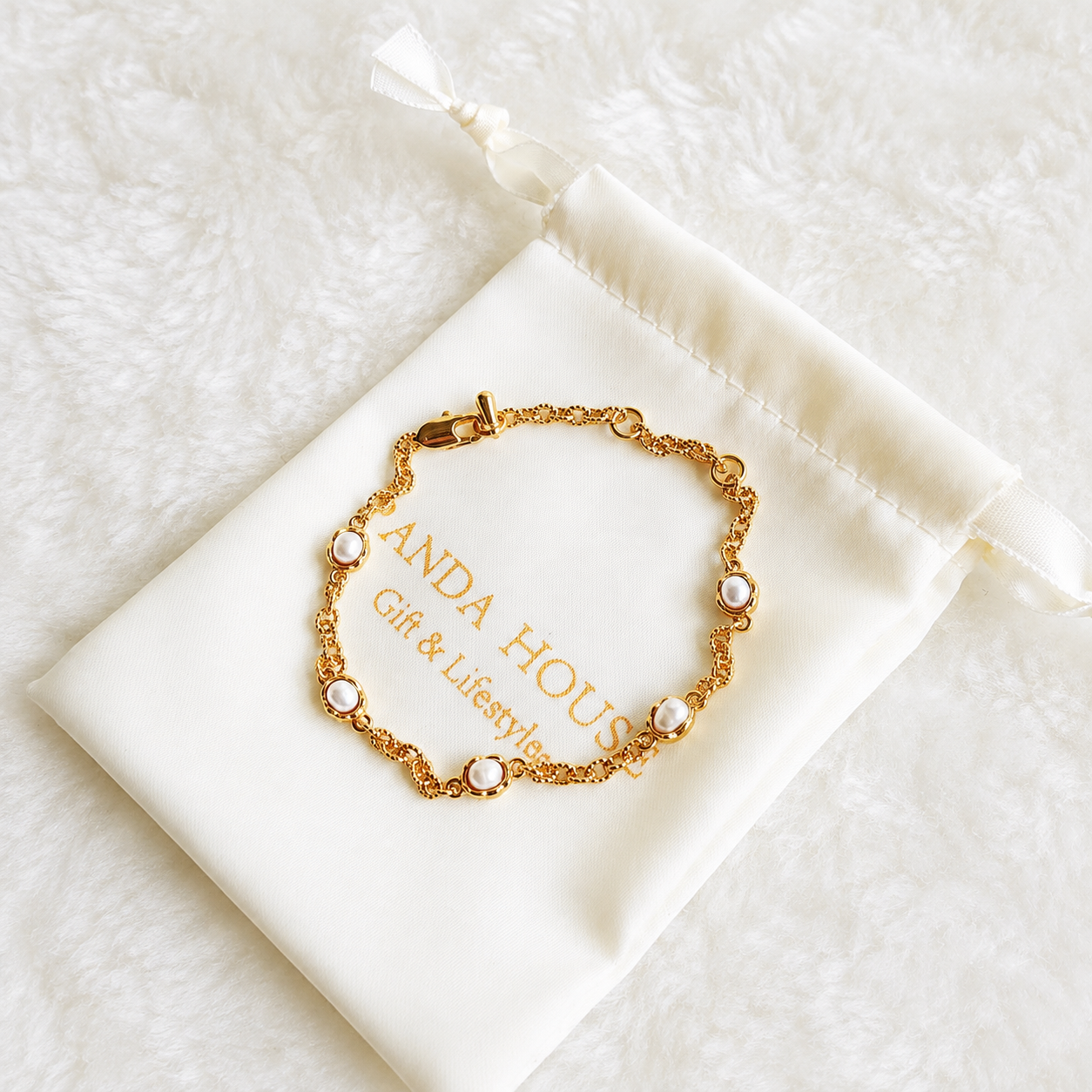 24K Gold Plated Double Chain Pearl Station Bracelet – Panda House