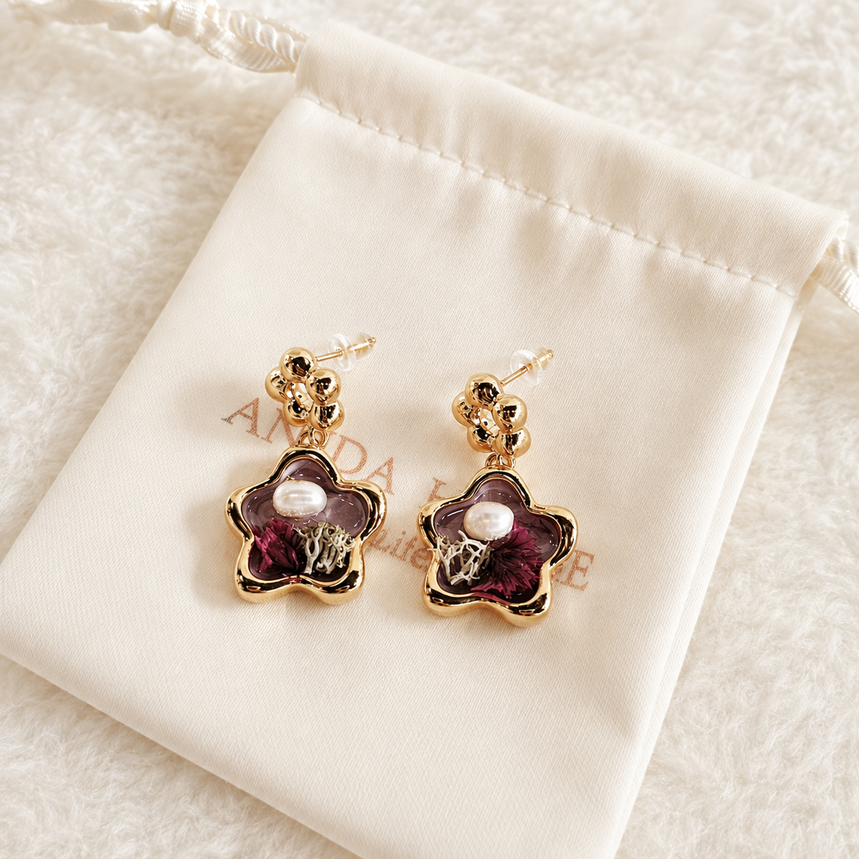 24K Gold Plated Dried Flower Pearl Resin Star Drop Earrings
