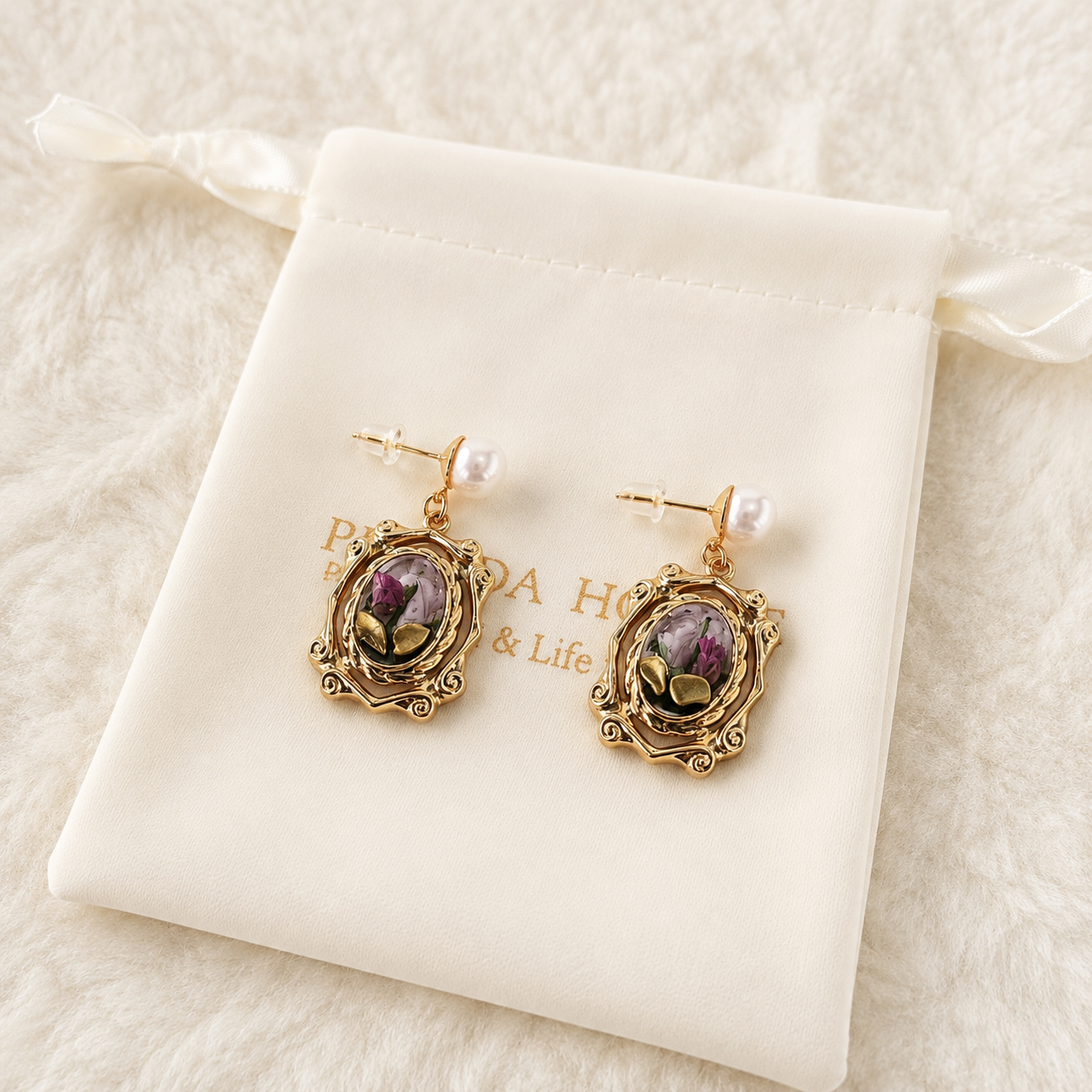 24K Gold Plated Oil Painting Tulip Cameo Drop Earrings with Freshwater Pearl