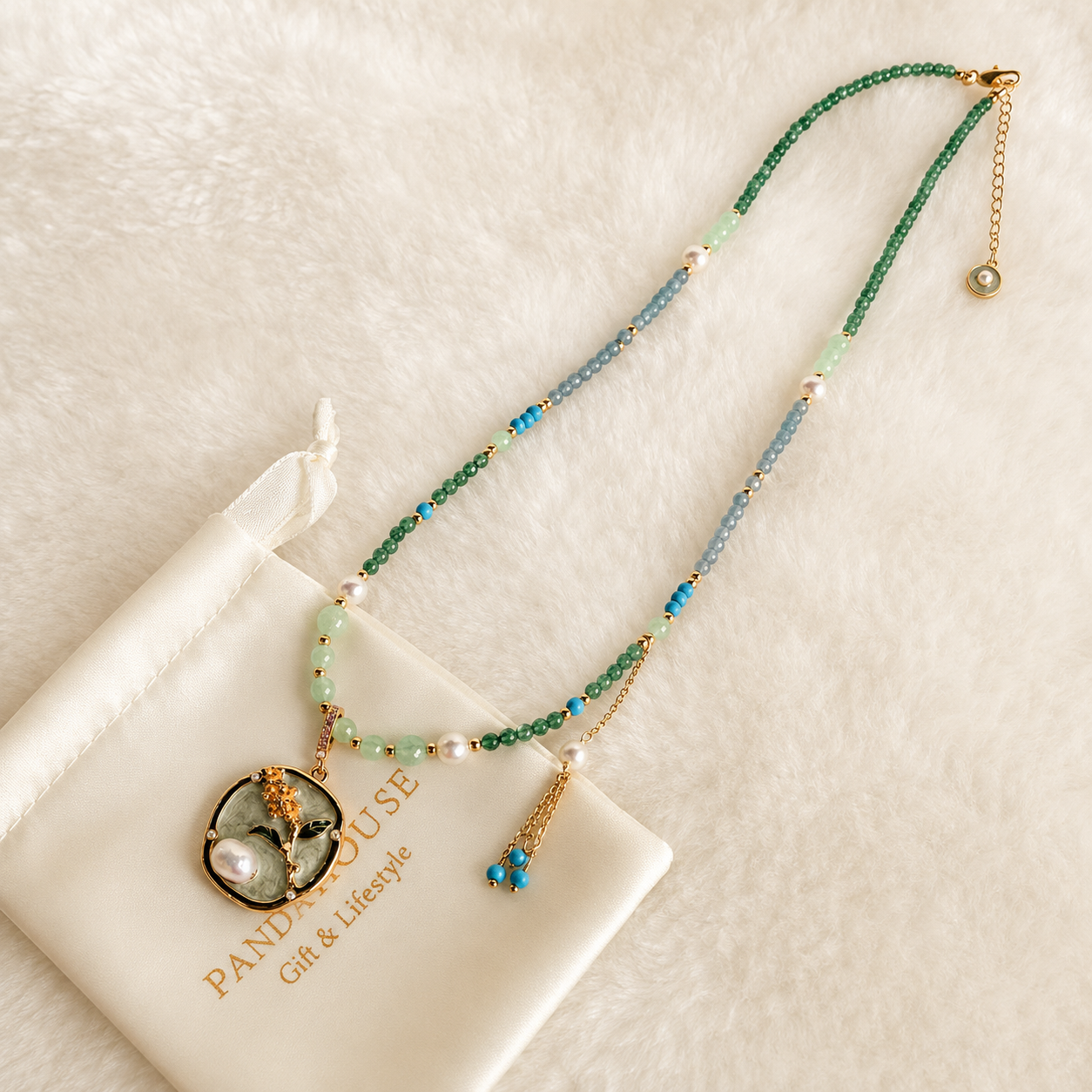 24K Gold Plated Jade Turquoise Pearl Double Layer Necklace with Crystal Floral Pendant