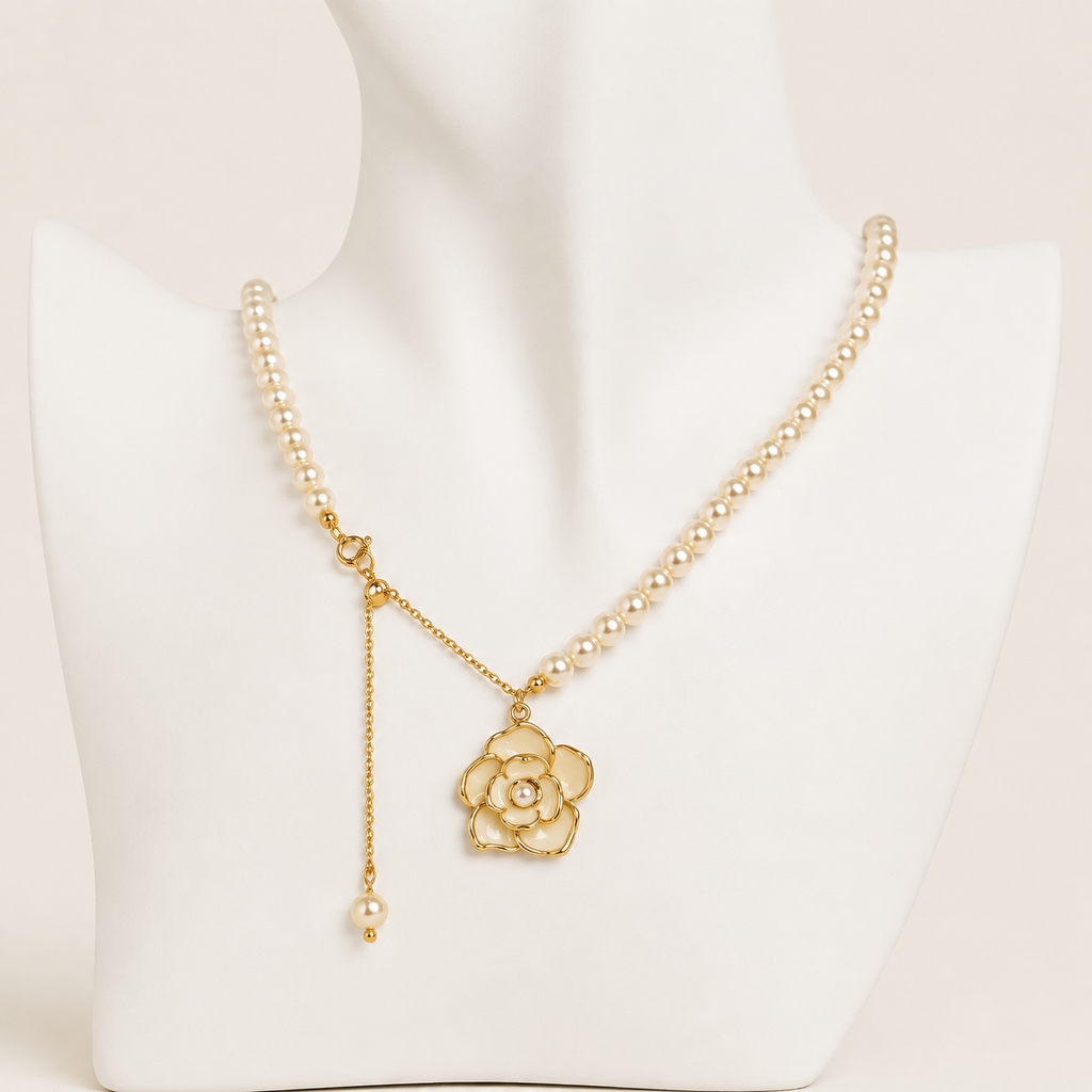 24K Gold Plated Freshwater Pearl Necklace with White Camellia Pendant