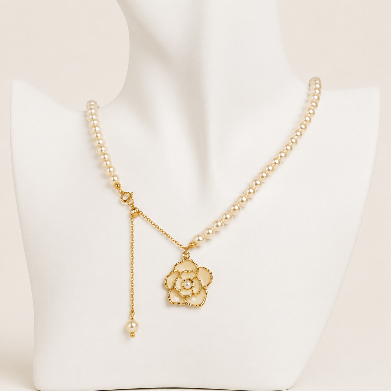 24K Gold Plated Freshwater Pearl Necklace with White Camellia Pendant