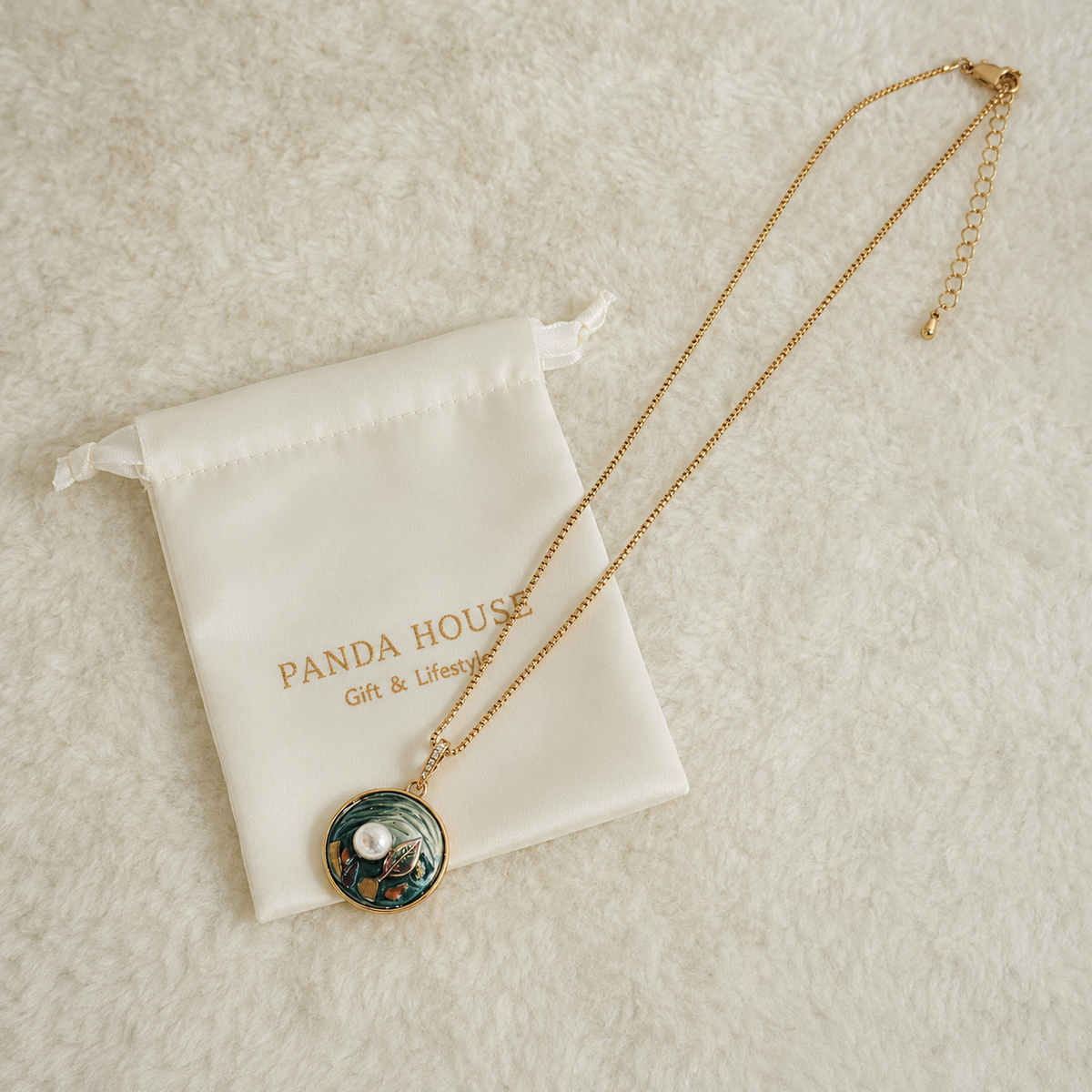 24K Gold Plated Oil Painting Botanical Enamel Pearl Pendant Necklace