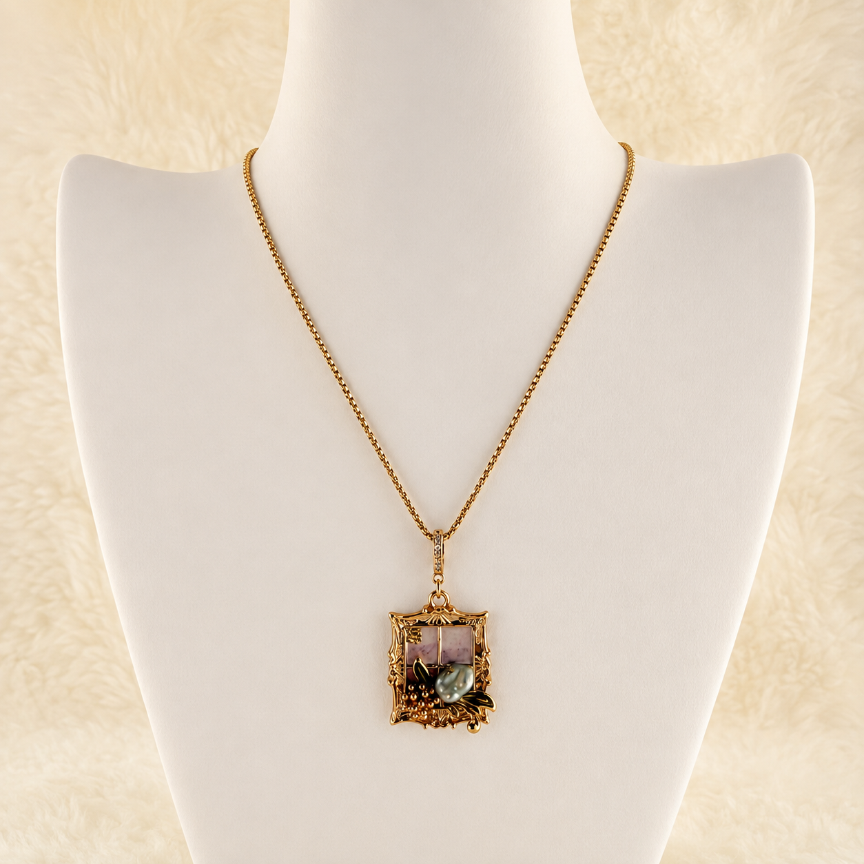 24K Gold Plated Oil Painting Frame Baroque Pearl Mother of Pearl Pendant Necklace