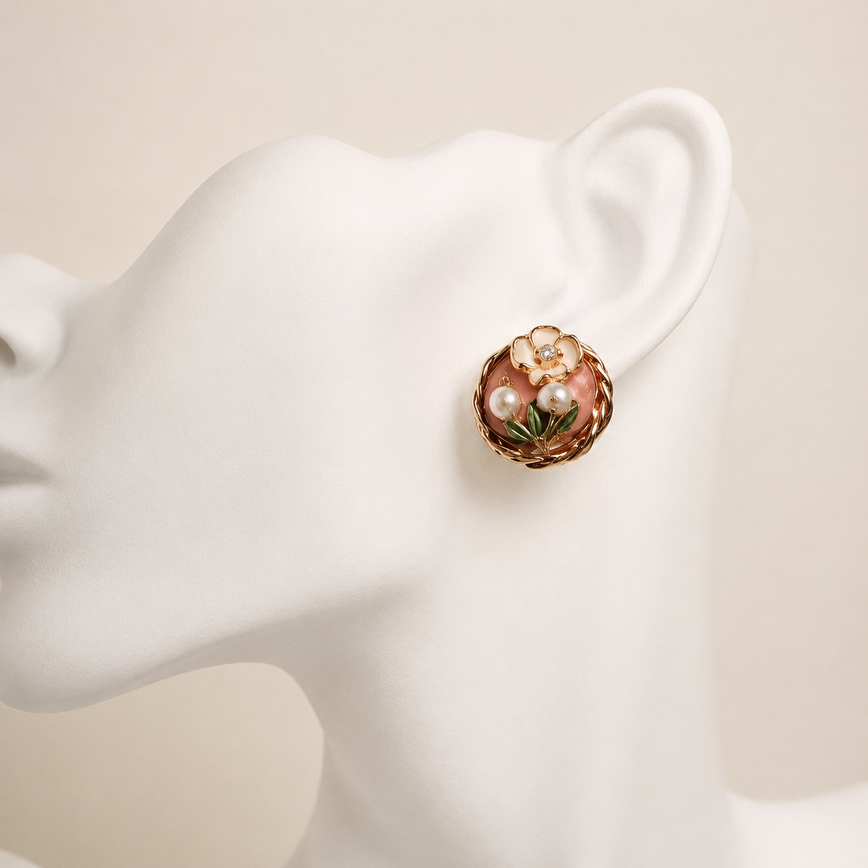 24K Gold Plated Bird's Nest Pearl Cat's Eye Flower Stud Earrings