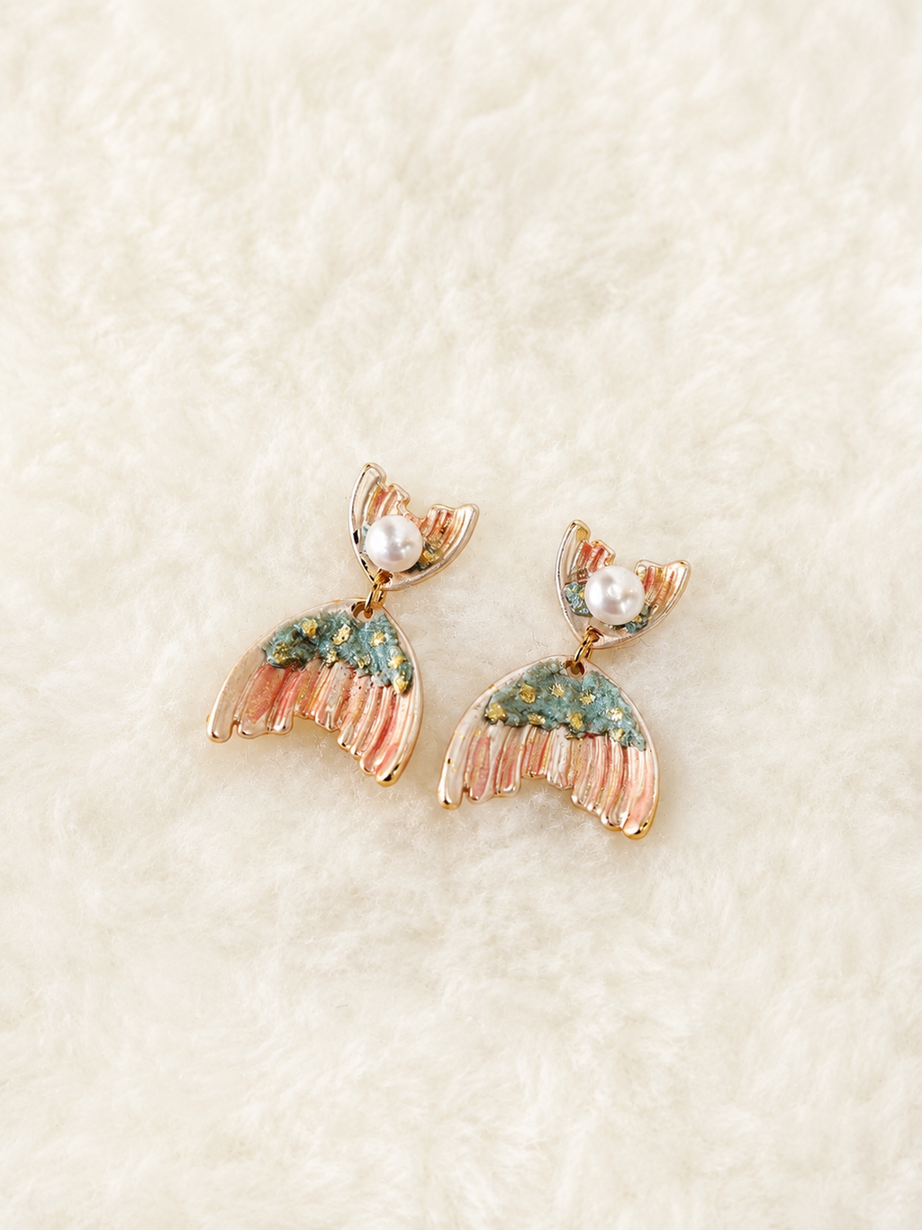 24K Gold Plated Fan Wing Pearl Coral Sage Enamel Drop Earrings – Panda House