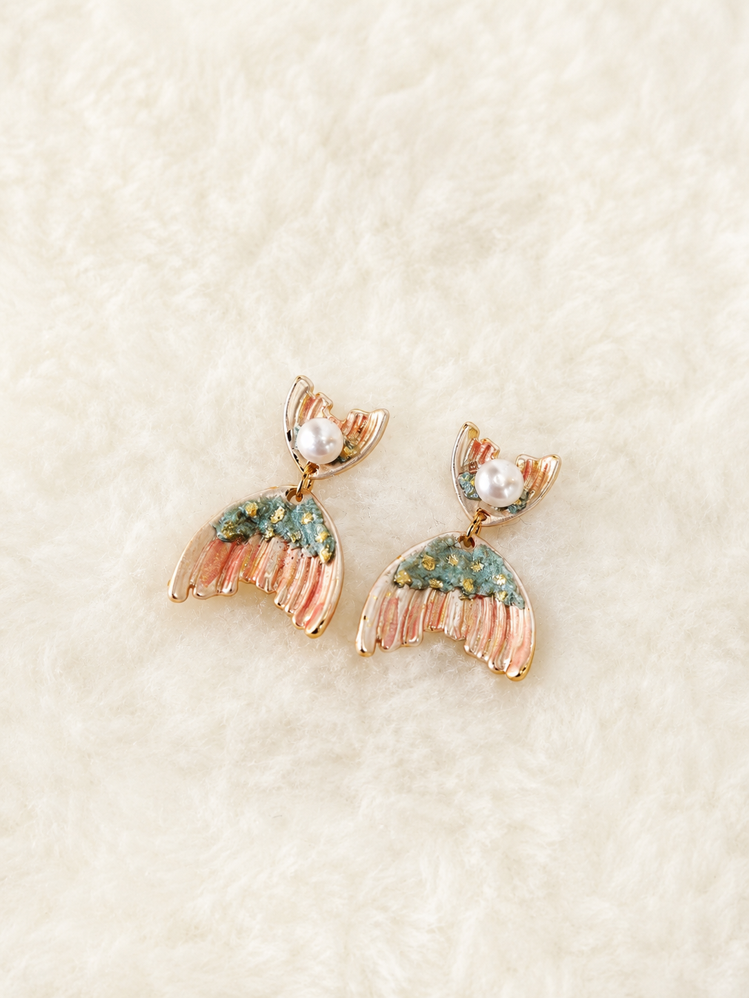 24K Gold Plated Fan Wing Pearl Coral Sage Enamel Drop Earrings – Panda House