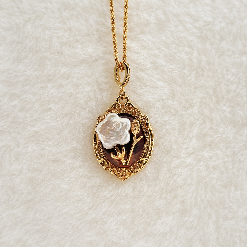 24K Gold Plated Mother of Pearl Rose Victorian Cameo Pendant Rope Chain Necklace