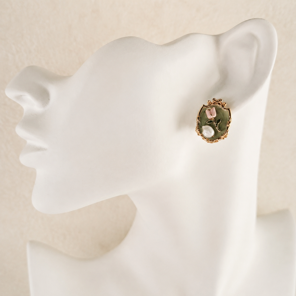 24K Gold Plated Vintage Mirror Frame Tulip Pearl Stud Earrings