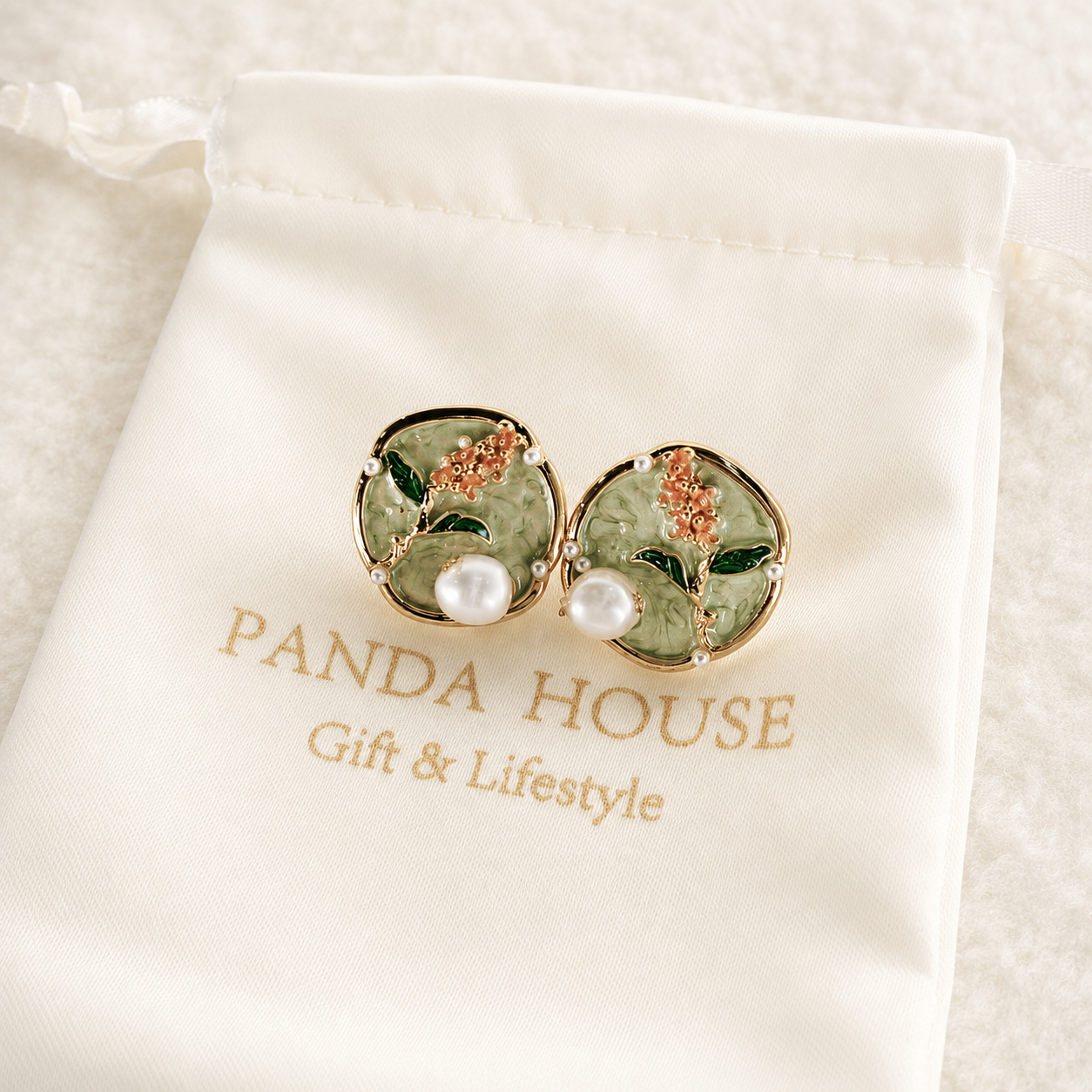 24K Gold Plated Oil Painting Botanical Enamel Pearl Stud Earrings