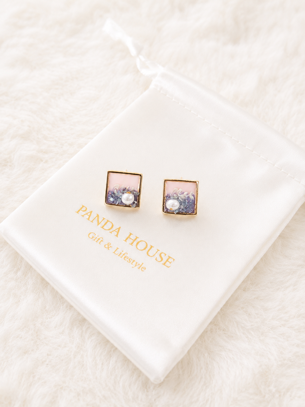 24K Gold Plated Square Abstract Colorblock Enamel Pearl Stud Earrings – Panda House