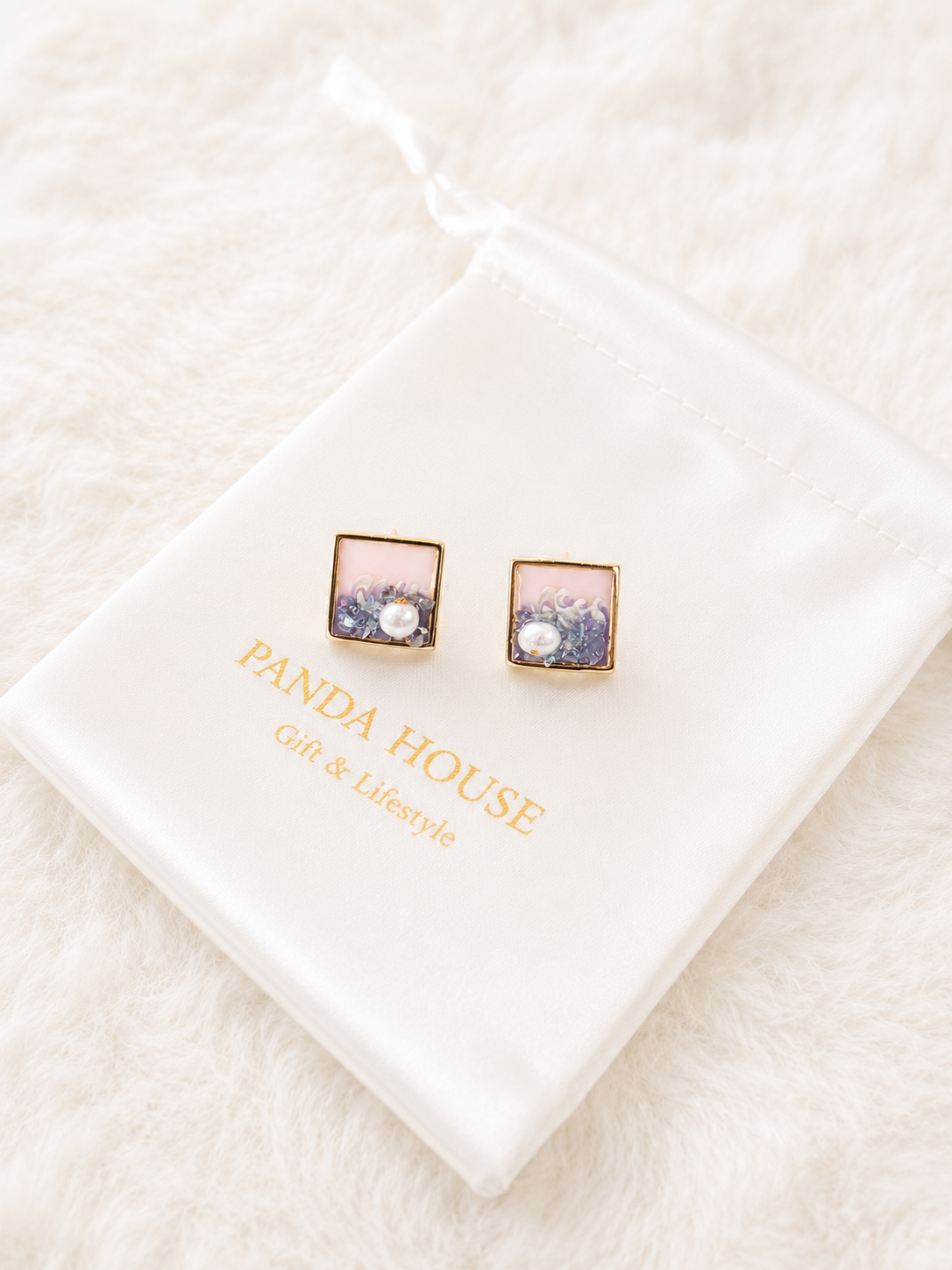 24K Gold Plated Square Abstract Colorblock Enamel Pearl Stud Earrings – Panda House