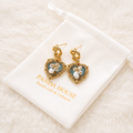 24K Gold Plated Heart Locket Pearl Floral Blue Enamel Drop Earrings