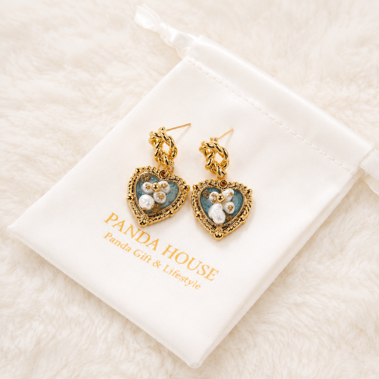 24K Gold Plated Heart Locket Pearl Floral Blue Enamel Drop Earrings