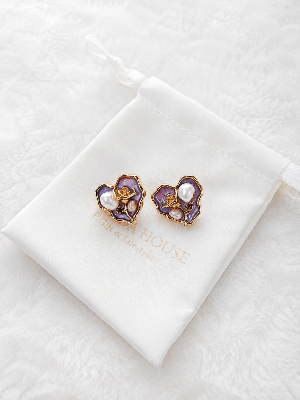 24K Gold Plated Organic Petal Lavender Enamel Baroque Pearl Gold Rose Stud Earrings – Panda House
