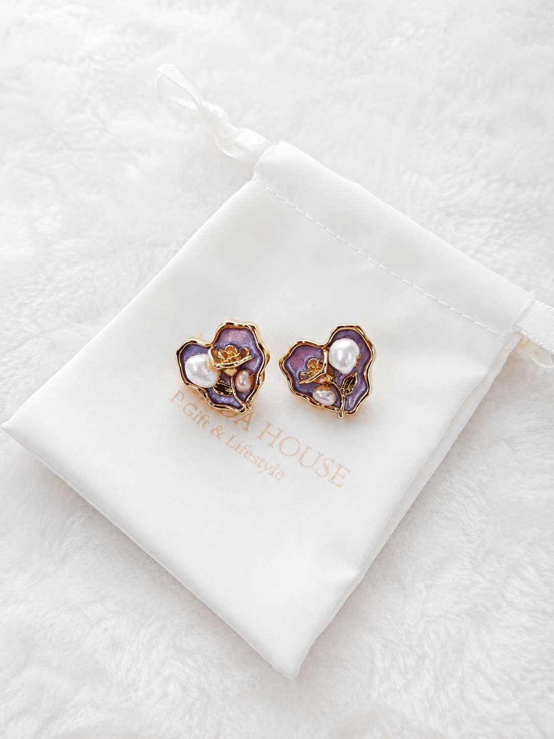 24K Gold Plated Organic Petal Lavender Enamel Baroque Pearl Gold Rose Stud Earrings – Panda House