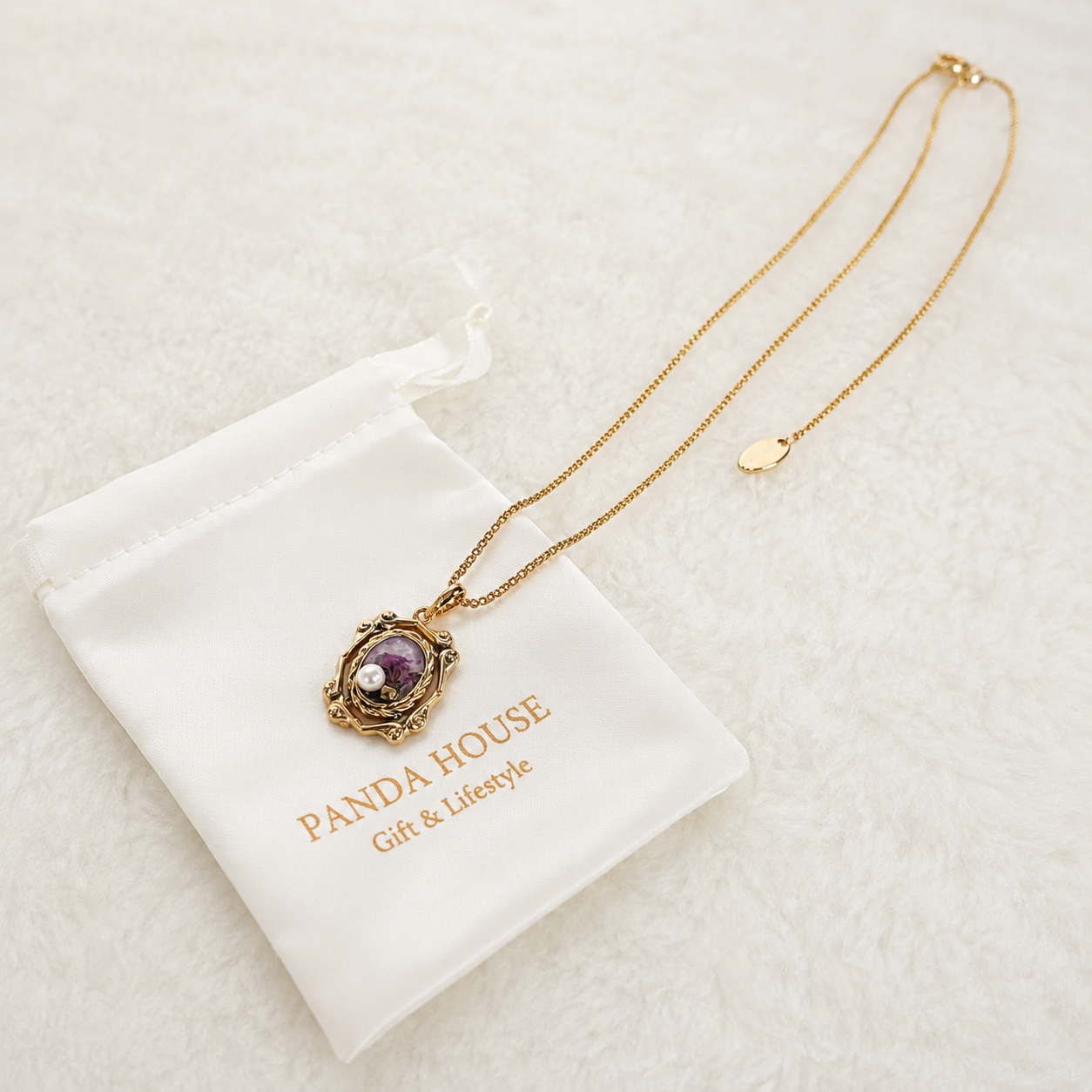 24K Gold Plated Amethyst & Pearl Vintage Pendant Necklace
