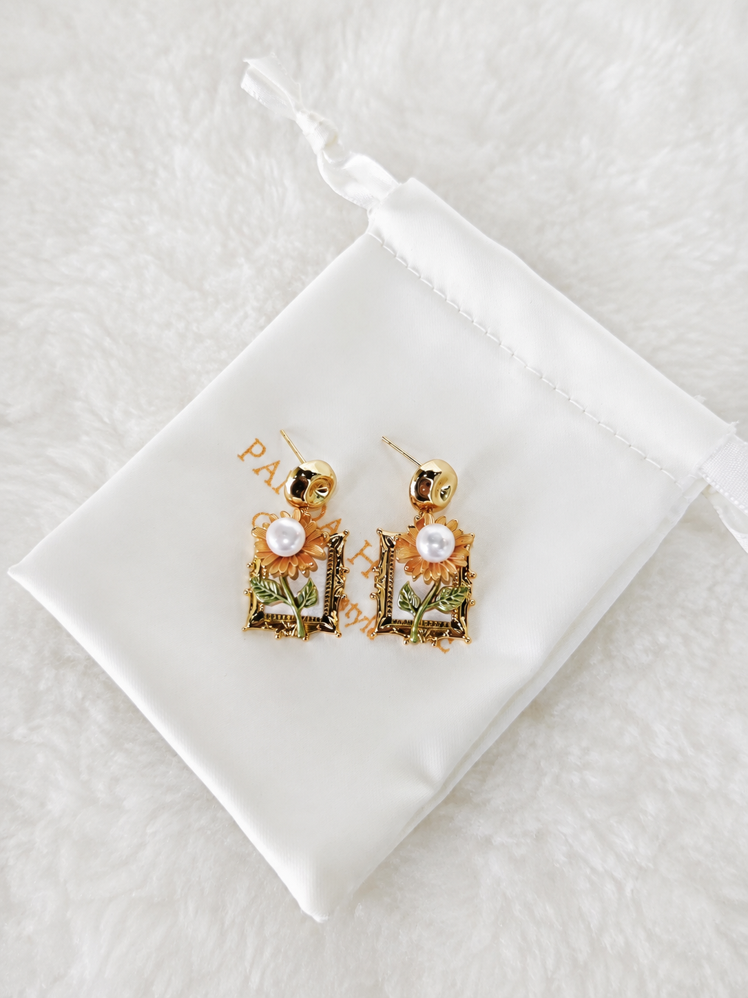 24K Gold Plated Sunflower Pearl Ornate Frame Drop Earrings – Panda House