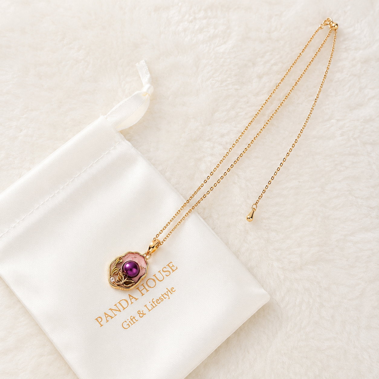 24K Gold Plated Oil Painting-Inspired Pink Enamel Purple Pearl Necklace
