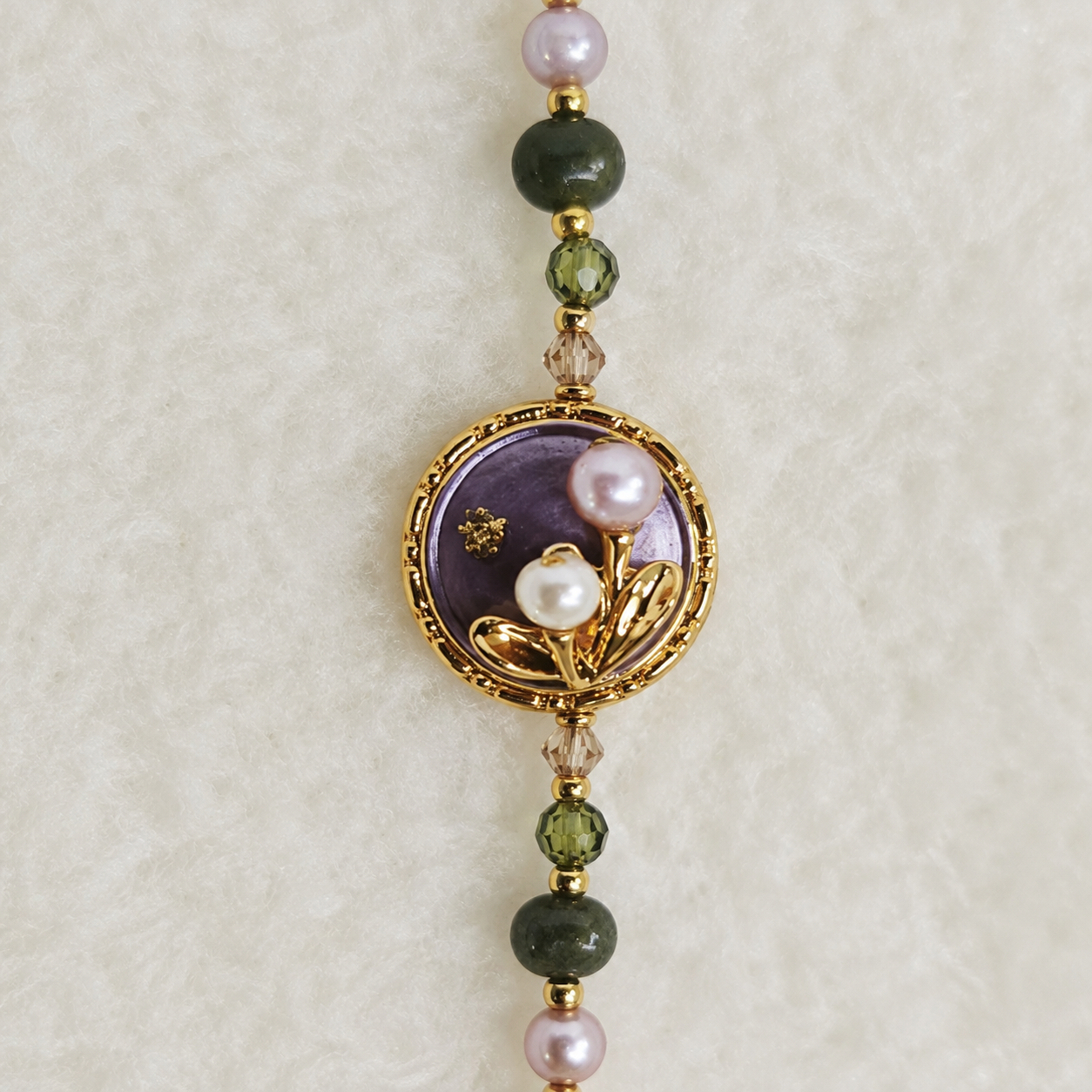24K Gold Plated Natural Jade & Pearl Beaded Necklace with Enamel Floral Pendant