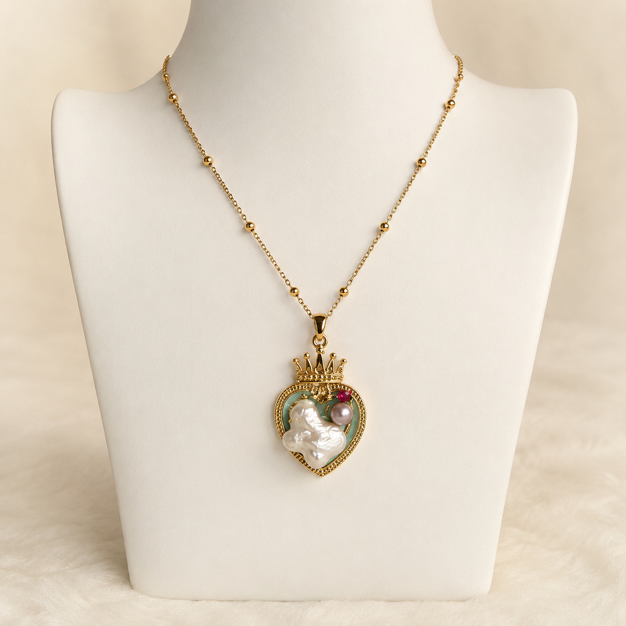 24K Gold Plated Crown Heart Baroque Pearl Royal Pendant Satellite Necklace