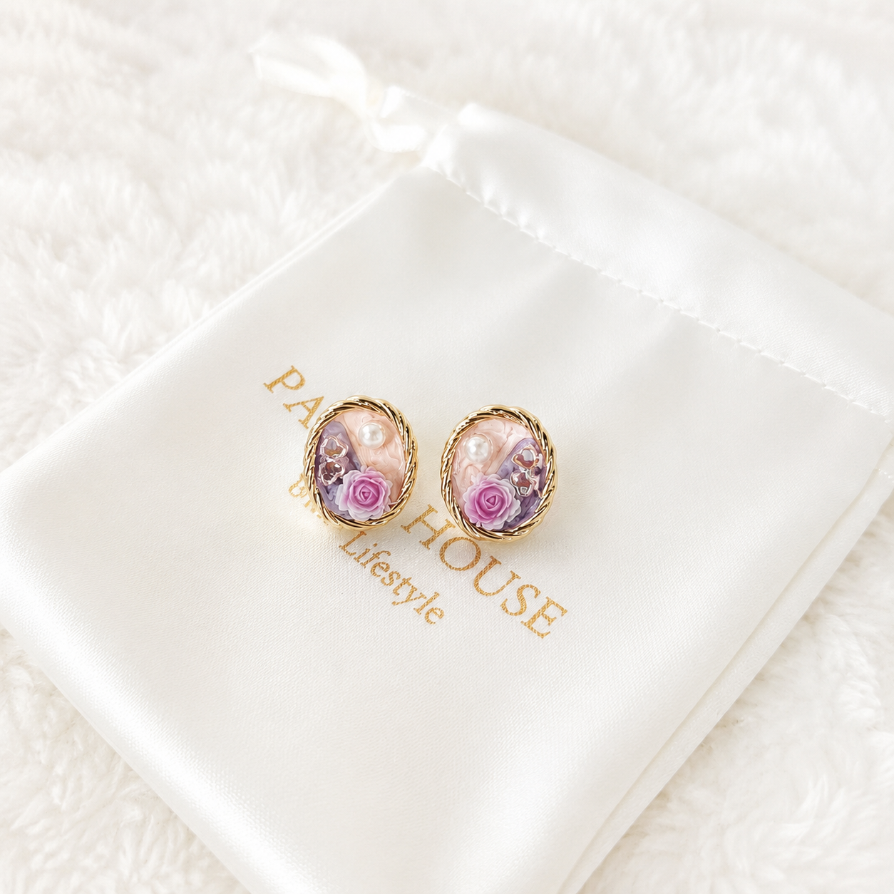 24K Gold Plated Oval Rope Frame Purple Rose Bouquet Pearl Crystal Stud Earrings – Panda House