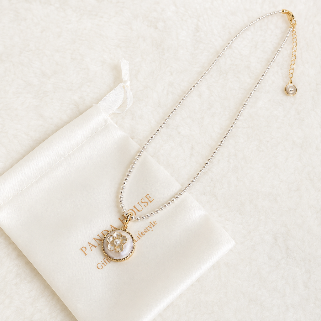 24K Gold Plated White Floral Pearl Pendant Satellite Chain Necklace