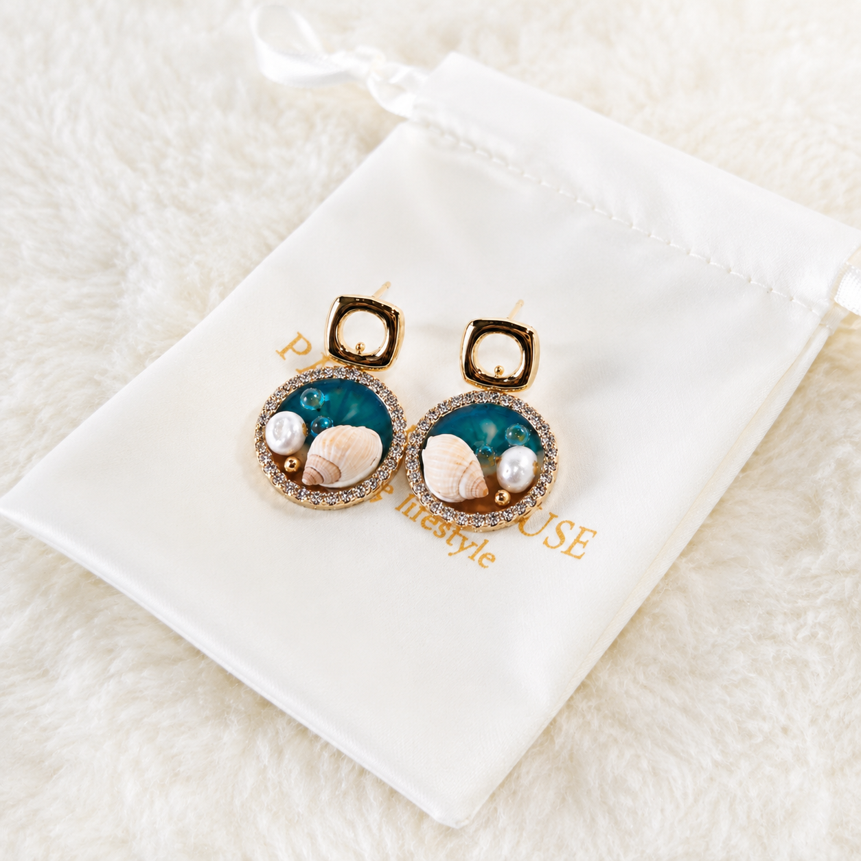 24K Gold Plated Ocean Seashell Pearl Resin Drop Earrings