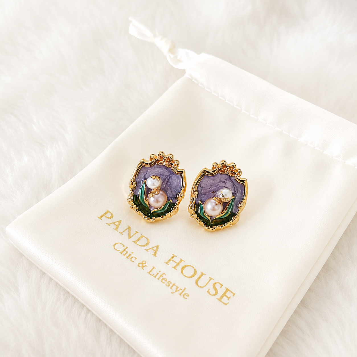 24K Gold Plated Oval Portrait Frame Lavender Rose Pearl Stud Earrings – Panda House
