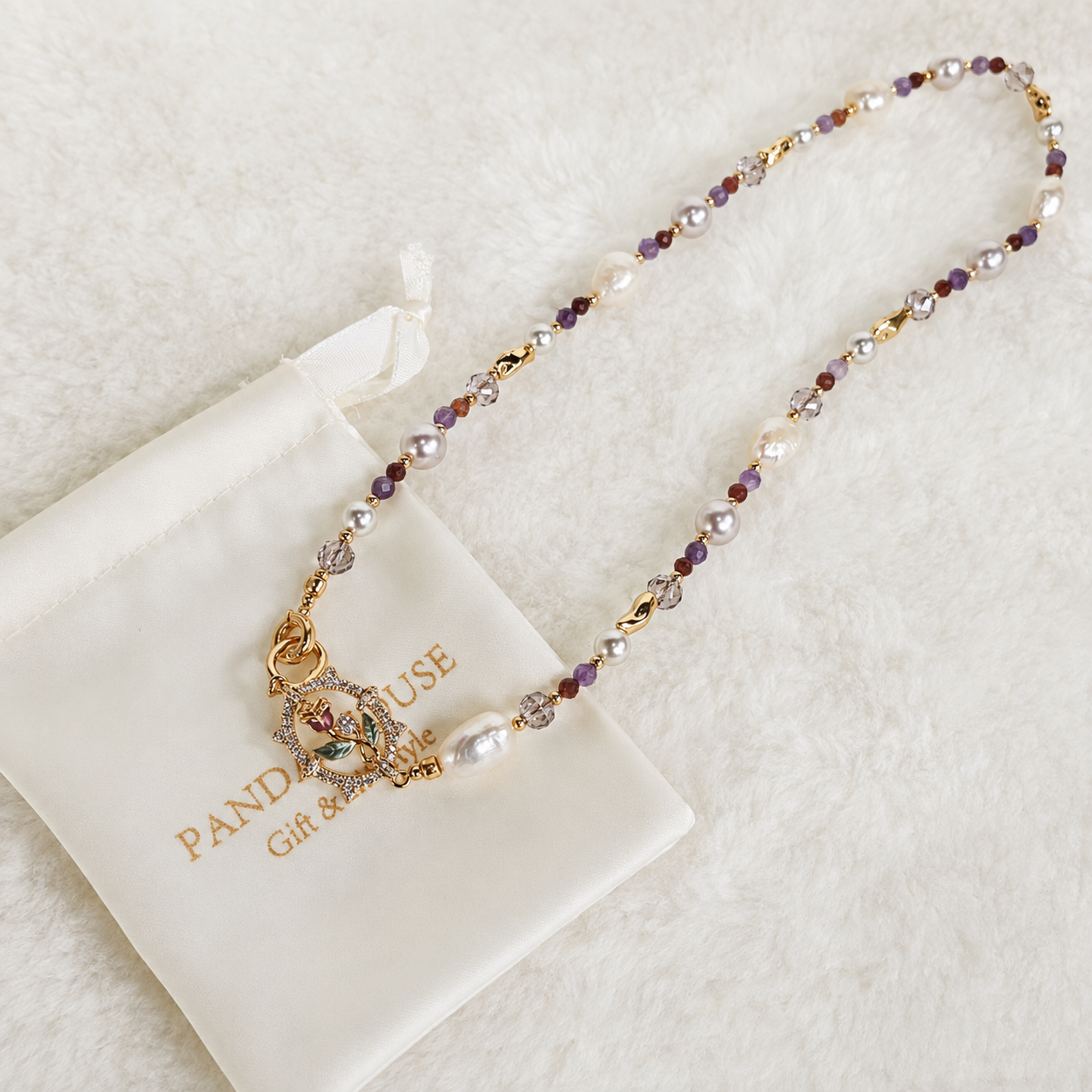 24K Gold Plated Natural Stone & Pearl Beaded Necklace with Crystal Floral Pendant