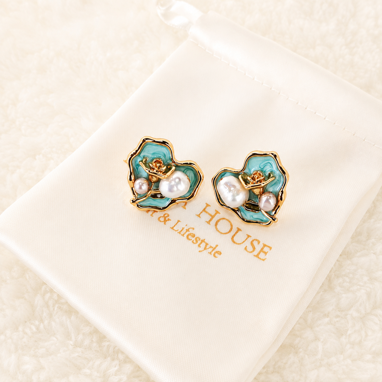 24K Gold Plated Mint Enamel Baroque Pearl Organic Petal Stud Earrings