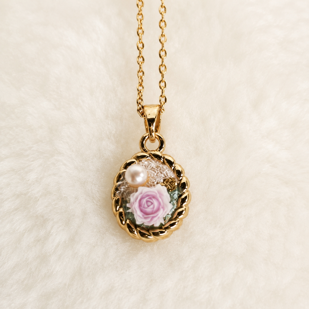 24K Gold Plated Rose Cameo Pearl Necklace