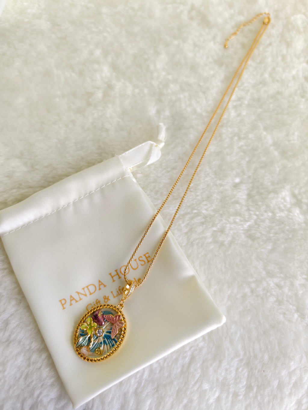 24K Gold Plated Butterfly Floral Pave Crystal Oval Medallion Adjustable Necklace