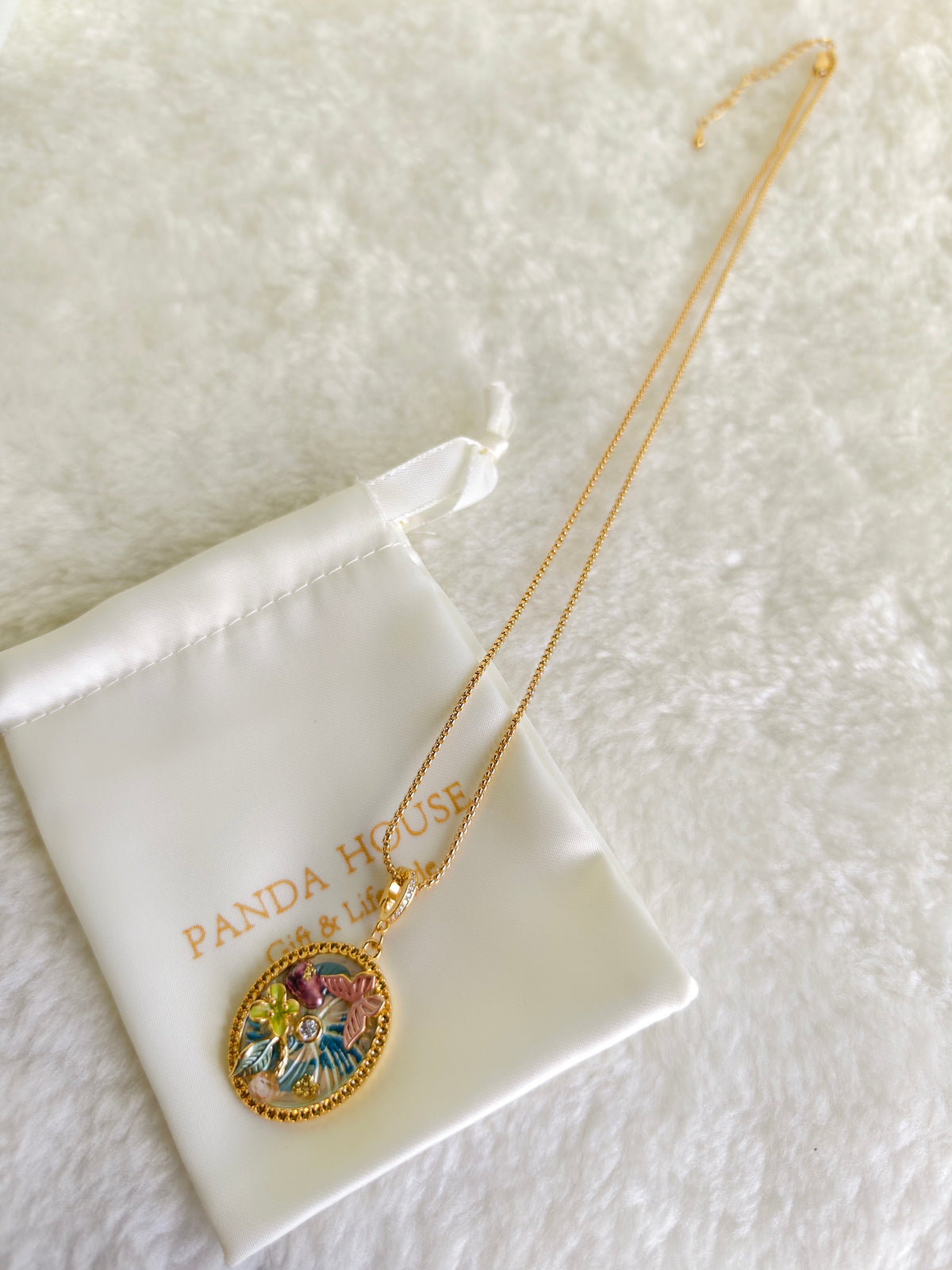24K Gold Plated Butterfly Floral Pave Crystal Oval Medallion Adjustable Necklace