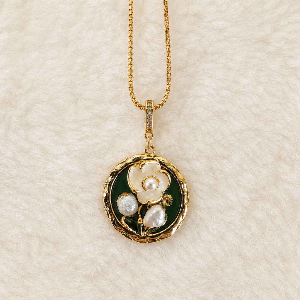 24K Gold Plated White Blossom Forest Green Medallion Adjustable Necklace